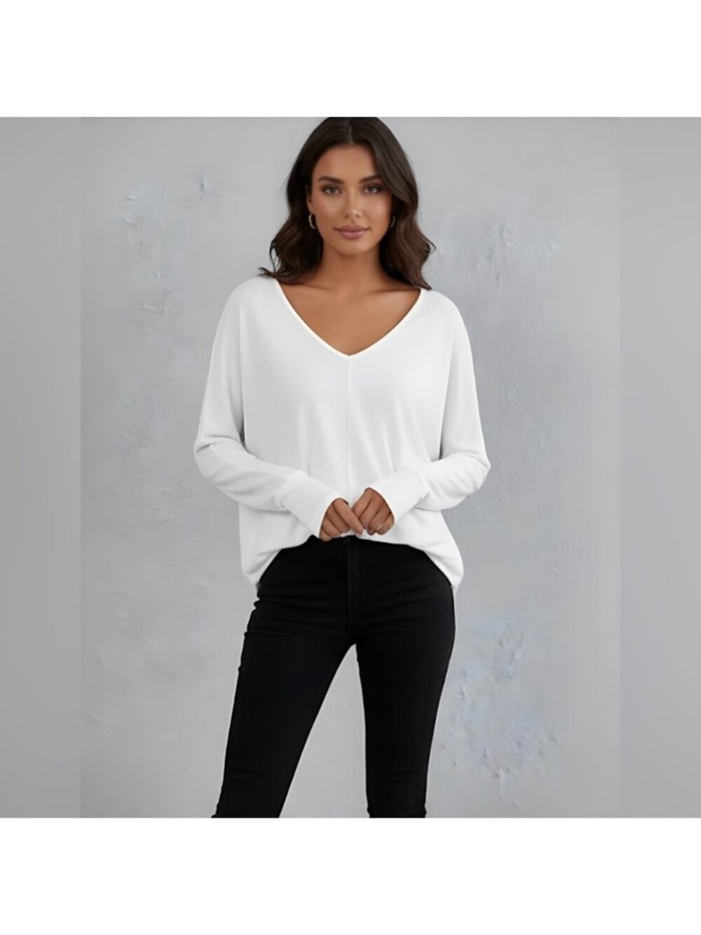 White Oversized V Neck Batwing Long Sleeve Knit Tee